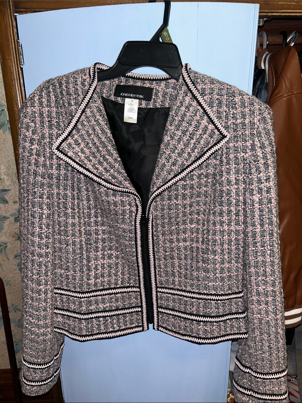 Jones New York Pink and Black Tweed Zip-Front Cropped Blazer
